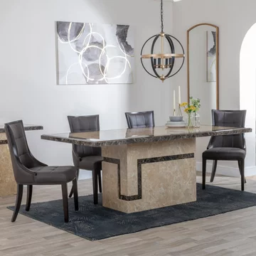 Venice dining set - 6 seater - 160cm - cream marble - paris dining chairs - brown leather - brown legs
