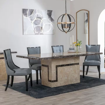 Venice dining set - 6 seater - 160cm - cream marble - paris dining chairs - grey leather - black legs