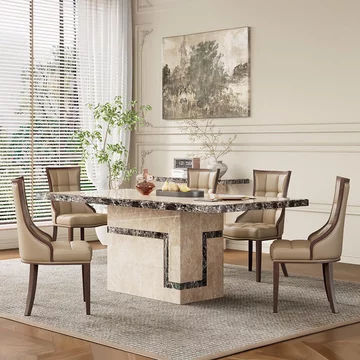 Venice dining set - 6 seater - 160cm - cream marble - paris dining chairs - taupe leather - brown legs
