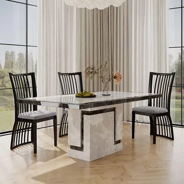 Venice dining set - 6 seater - 160cm - grey marble - athena dining chairs - black high gloss - grey seat pads
