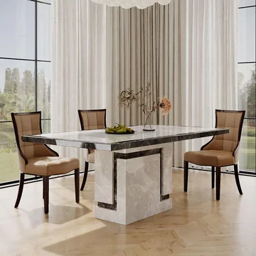 Venice dining set - 6 seater - 160cm - grey marble - paris dining chairs - taupe leather - brown legs