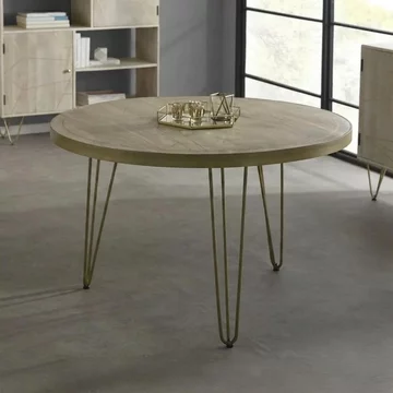Dining table - 4 seater - 120cm - round - hairpin legs - gold geometric inlay - light mango wood