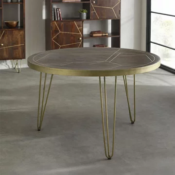 Dining table - 4 seater - 120cm - round - hairpin legs - gold geometric inlay - dark mango wood