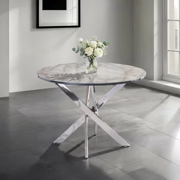 Alden dining table - 4 seater - 107cm - round - chrome legs - white and grey marble effect