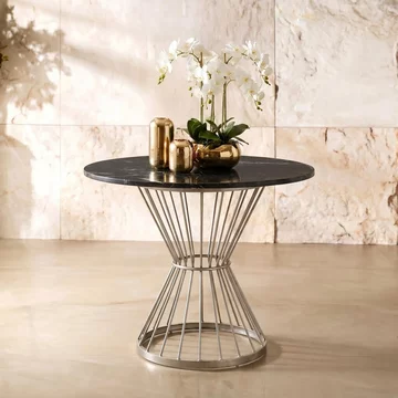 Anzio dining table - 2 seater - 70cm - round - black marble with silver hourglass base
