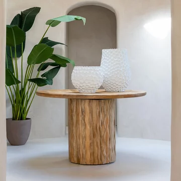 Curved dining table - 122cm - 4 seater - round - waved desgin - drum base - natural - wood