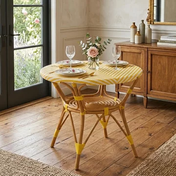 Dining table - 90cm - 4 seater - round - yellow and white - rattan and bamboo wood