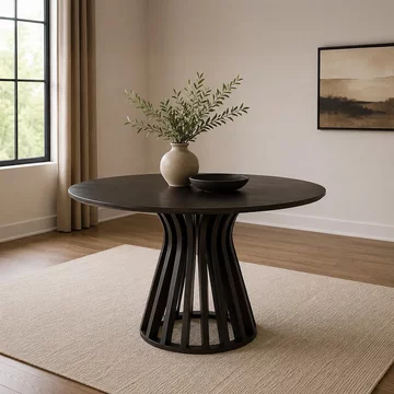 Eli dining table - 110cm - 4 seater - round - slatted base - black - mango wood