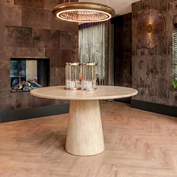 Fictus travertine beige 6 seater round pedestal dining table