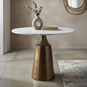 Olive dining table - 90cm - 2 seater - round - column base - white and bronze - marble effect and metal
