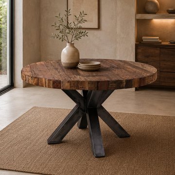 Bassano dining table - 160cm - 6 seater - round - star base - natural and black - recycled wood and metal