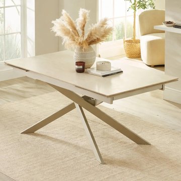 Osaka extending dining table - 160cm-200cm - 6-8 seater - cream - sintered stone and metal