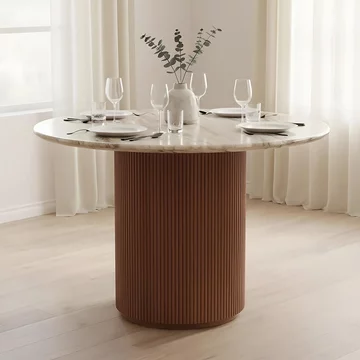 Ashford dining table - 100cm - 4 seater - round - fluted - pale taupe - marble top and mango wood