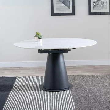 Carrara round dining table - 2-6 seater - 85cm-135cm - white ceramic - swivel motion extending - black pedestal base