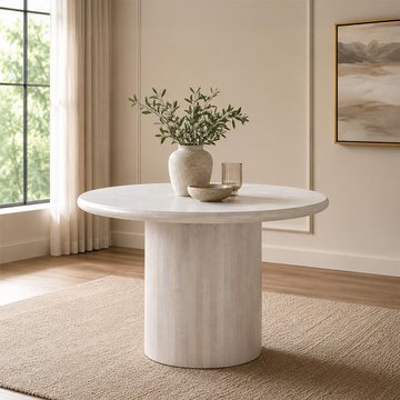 Dining table - 102cm - 4 seater - round - drum base - off white - marble