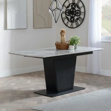 Dutton extending dining table - 4-6 seater - 130cm-170cm - grey ceramic - black pedestal base