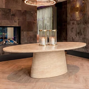 Fictus travertine beige 8 seater oval pedestal dining table