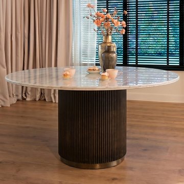 Mayfield white marble top 6 seater round dining table - dark wood fluted pedestal base