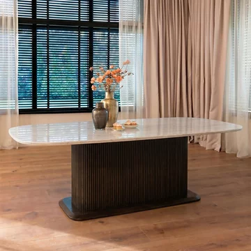 Mayfield white marble top 8 seater dining table - dark wood fluted pedestal base