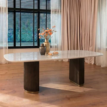Mayfield white marble top 8 seater oval dining table - dark wood fluted pedestal base