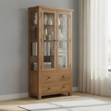 Original display cabinet - 2 door 2 drawer glazed - rustic oak