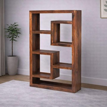 Cube honey lacquered sheesham combination display unit- 178cm tall bookshelf