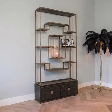 Hunter black oak storage shelving unit with gold trim