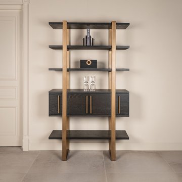 Cambon dark oak and brass storage shelving unit