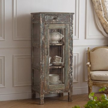 Unique one of a kind - distressed display cabinet - 1 door - 1 drawer - vintage brown - glass and wood