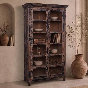 Unique one of a kind - distressed display cabinet - 2 door - vintage brown - glass and wood