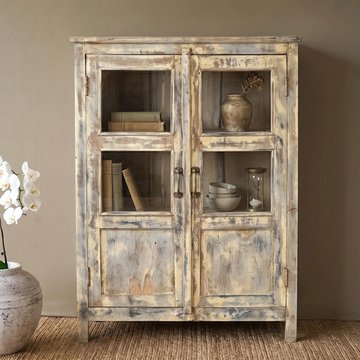 Unique one of a kind - distressed display cabinet - 2 door - white washed - glass and wood
