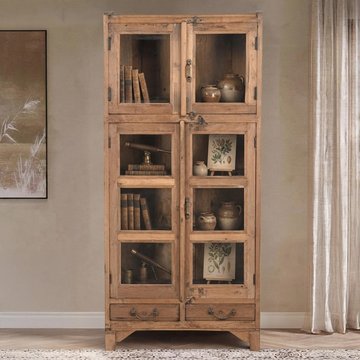 Unique one of a kind - display cabinet - 4 door - 2 drawer - rustic natural - glass and wood