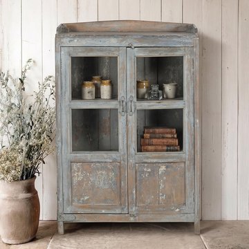 Unique one of a kind - distressed display cabinet - 2 door - vintage grey - glass and wood