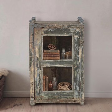 Unique one of a kind - distressed display cabinet - 1 door - vintage grey - glass and wood