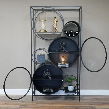 Display cabinet - black metal and glass - round shelves