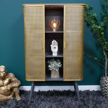 Display cabinet - industrial - gold metal and rattan - 2 door