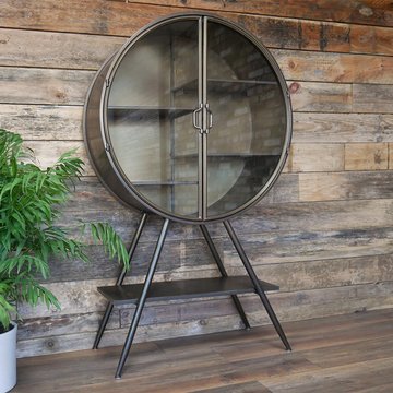 Display cabinet - industrial - grey metal - round - 2 glass doors