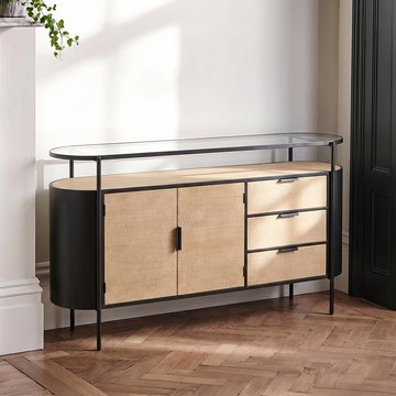 Ivy curved sideboard - 2 door - 3 drawer - medium - glass top - natural and black metal