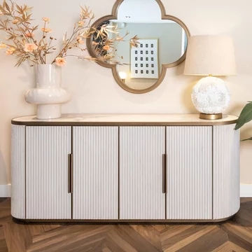 Tivoli curved fluted sideboard - 4 door - large - with gold trim - white - ceramic