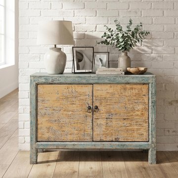 Unique one of a kind - distressed sideboard - 2 door - 118cm - small - blue and natural - pine wood