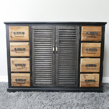 Industrial shutter sideboard - 2 door - 120cm - medium - natural and black - fir wood and metal