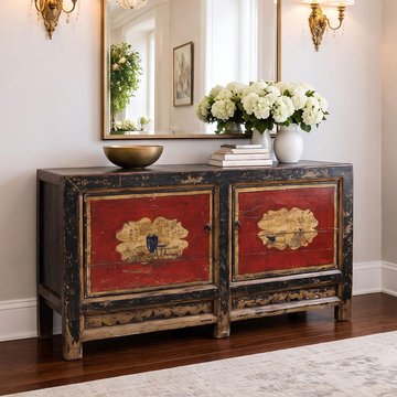 Unique one of a kind - distressed sideboard - 2 door - 152cm - medium - hand painted - oriental style - black and red - reclaimed wood