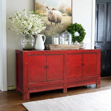Unique one of a kind - distressed sideboard - 4 door - 206cm - extra large - oriental style - red - wooden