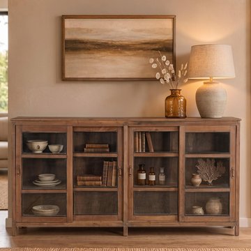 Unique one of a kind - sideboard - 4 sliding door - 184cm - extra large - rustic brown - glass and wood