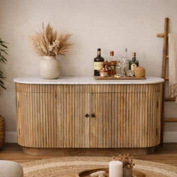 Curved sideboard - fluted - 2 door - 143cm - medium - marble top and mango wood