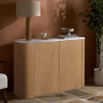 Russo curved sideboard - fluted base - 2 door - 120cm - small - white and natural - marble top and wooden