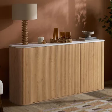 Russo curved sideboard - fluted base - 3 door - 160cm - medium - white and natural - marble top and wooden