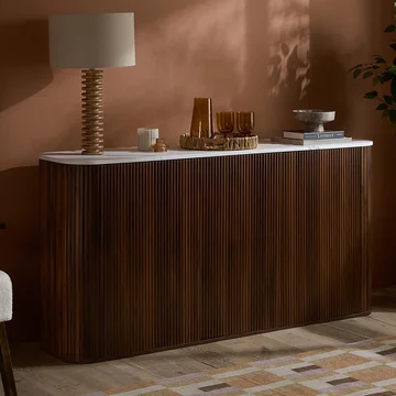 Russo curved sideboard - fluted base - 3 door - 160cm - medium - white and walnut - marble top and wooden