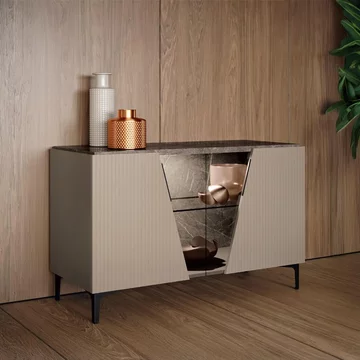 Fidia italian fluted sideboard - 2 door - small - emperador taupe - glass and marquinia marble effect