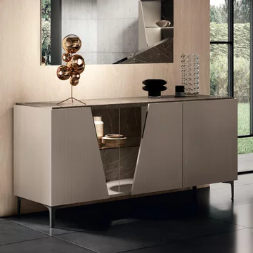 Fidia italian fluted sideboard - 3 door - large - emperador taupe - glass and marquinia marble effect